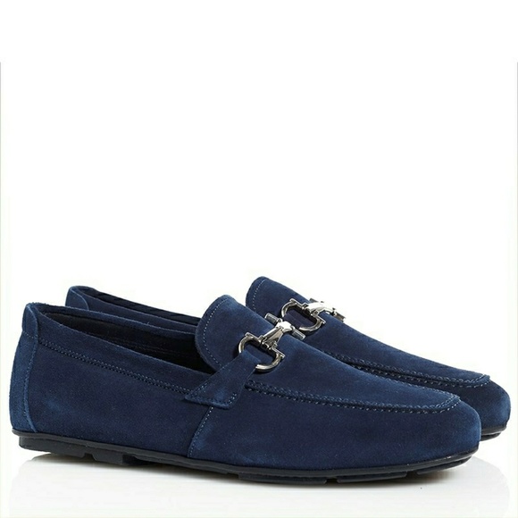 New! SALVATORE FERRAGAMO Blue Suede Bit Loafers - Picture 3 of 8